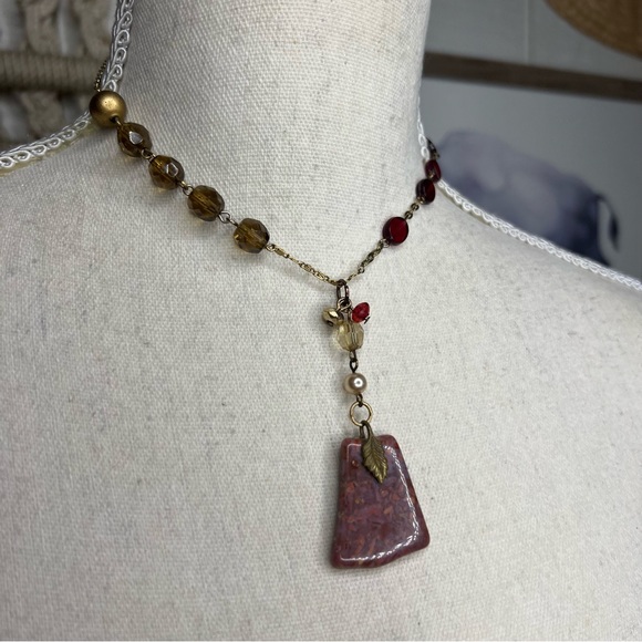 Handmade vintage and new pieces mixed up-cycled necklace with real stone pendant - Picture 10 of 13